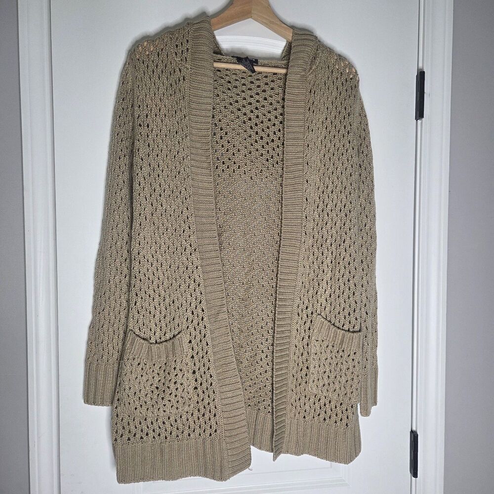 It's Our Time Open Knit Hooded Cardigan Tan Size M